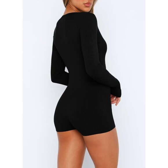 Women's Black One Piece Button Down Jumpsuit V Neck Romper Long Sleeve Bodysuit - Picture 4 of 5